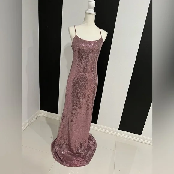 Adam Pink Sequin Maxi Gown Spaghetti Strap Prom - Picture 3 of 13